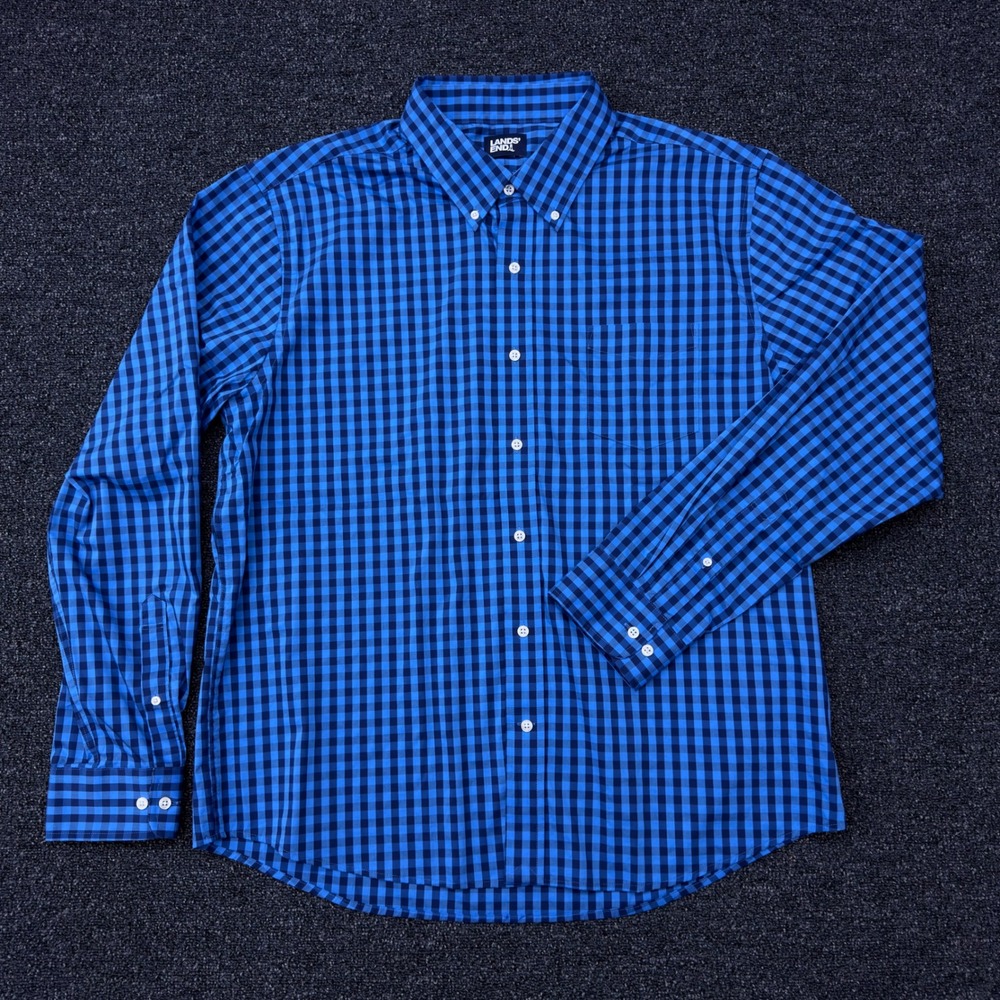 Lands End Mens XL Blue Gingham Check Tailored Fit Button Down Long Sleeve Shirt